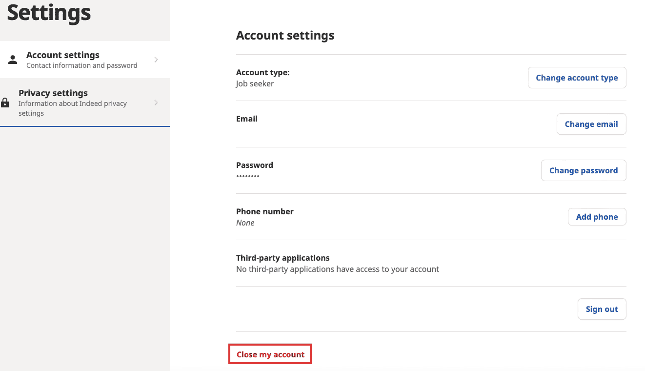 click on close my account. How to Delete Indeed Account Permanently