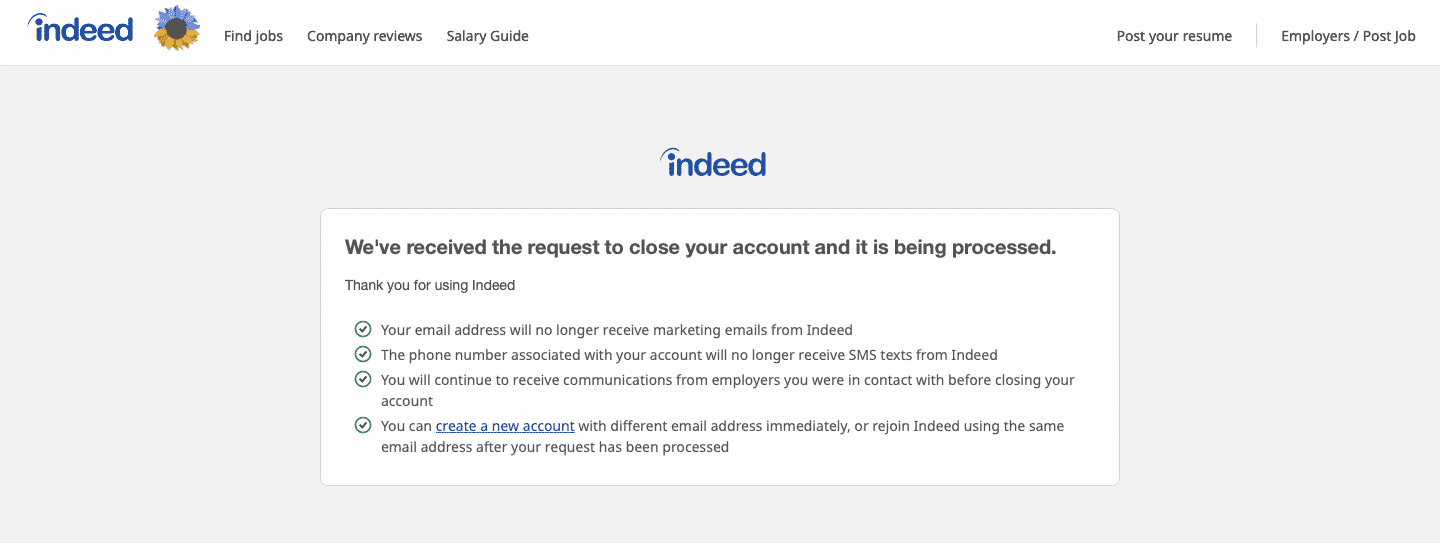 confirmation message of account deletion request. How to Delete Indeed Account Permanently