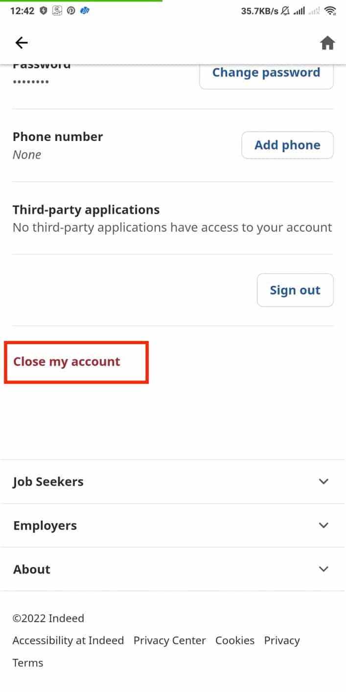 tap on close my account. How to Delete Indeed Account Permanently