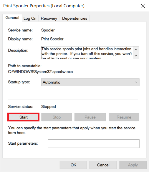 Click on the Start button to restart the Print Spooler service. Fix Slow Network Printing in Windows 10