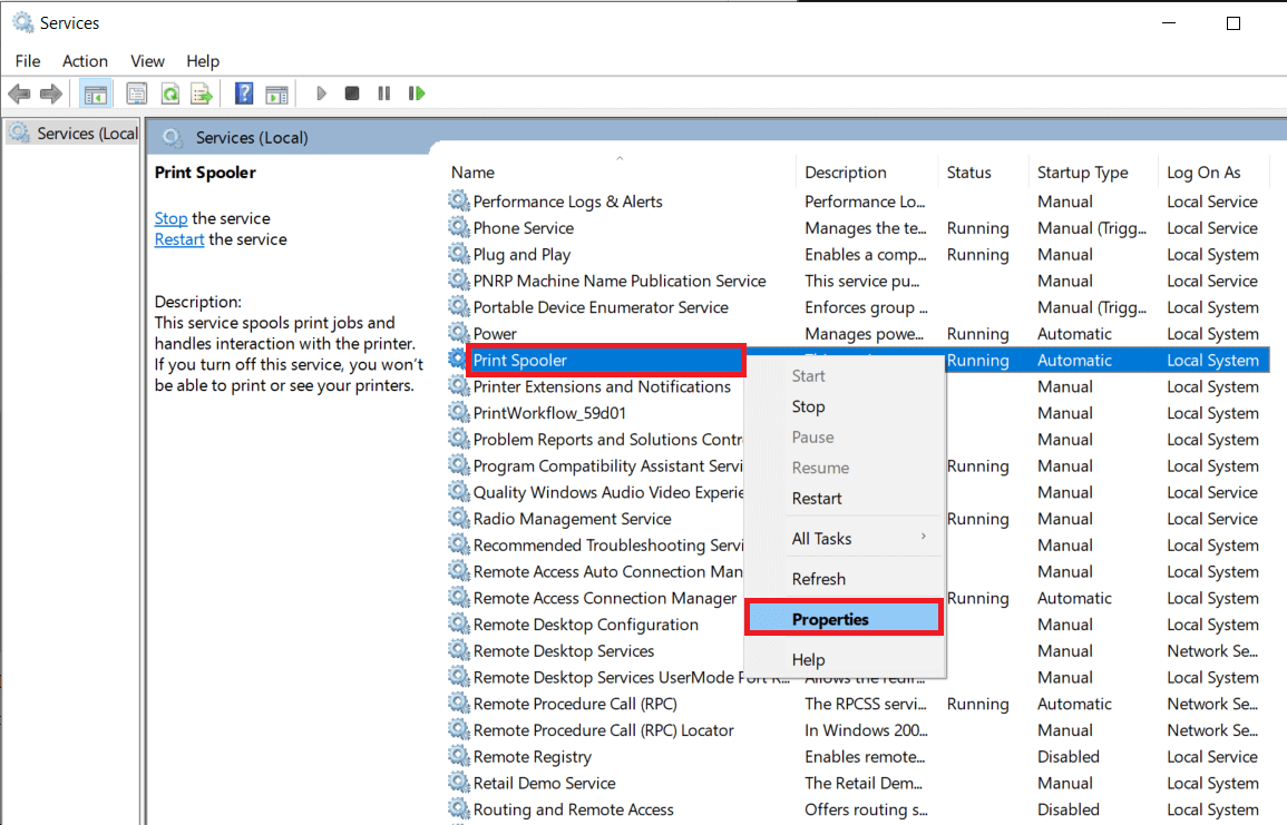 Right click on the Print Spooler service and select Properties