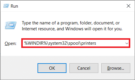Type WINDIR system32 spool printers in command box and press OK