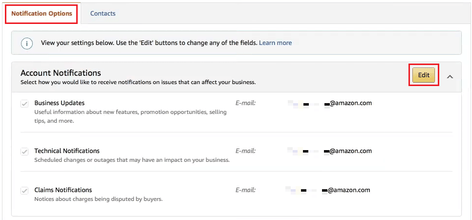  email settings under the Notifications Options - Edit