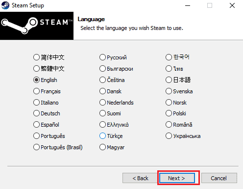 Select the desired language and click on Next