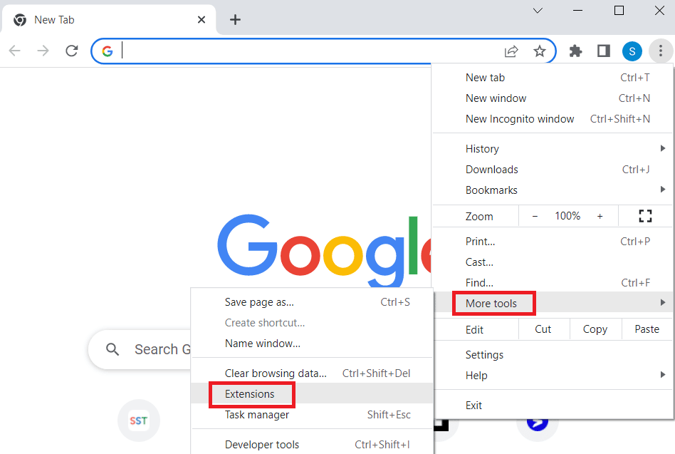 click on the More Tools option then click on the Extensions option