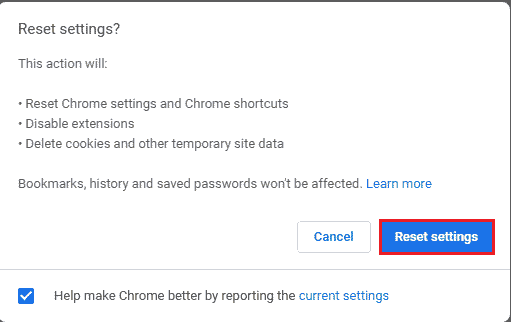 Confirm the prompt by clicking on the Reset settings option