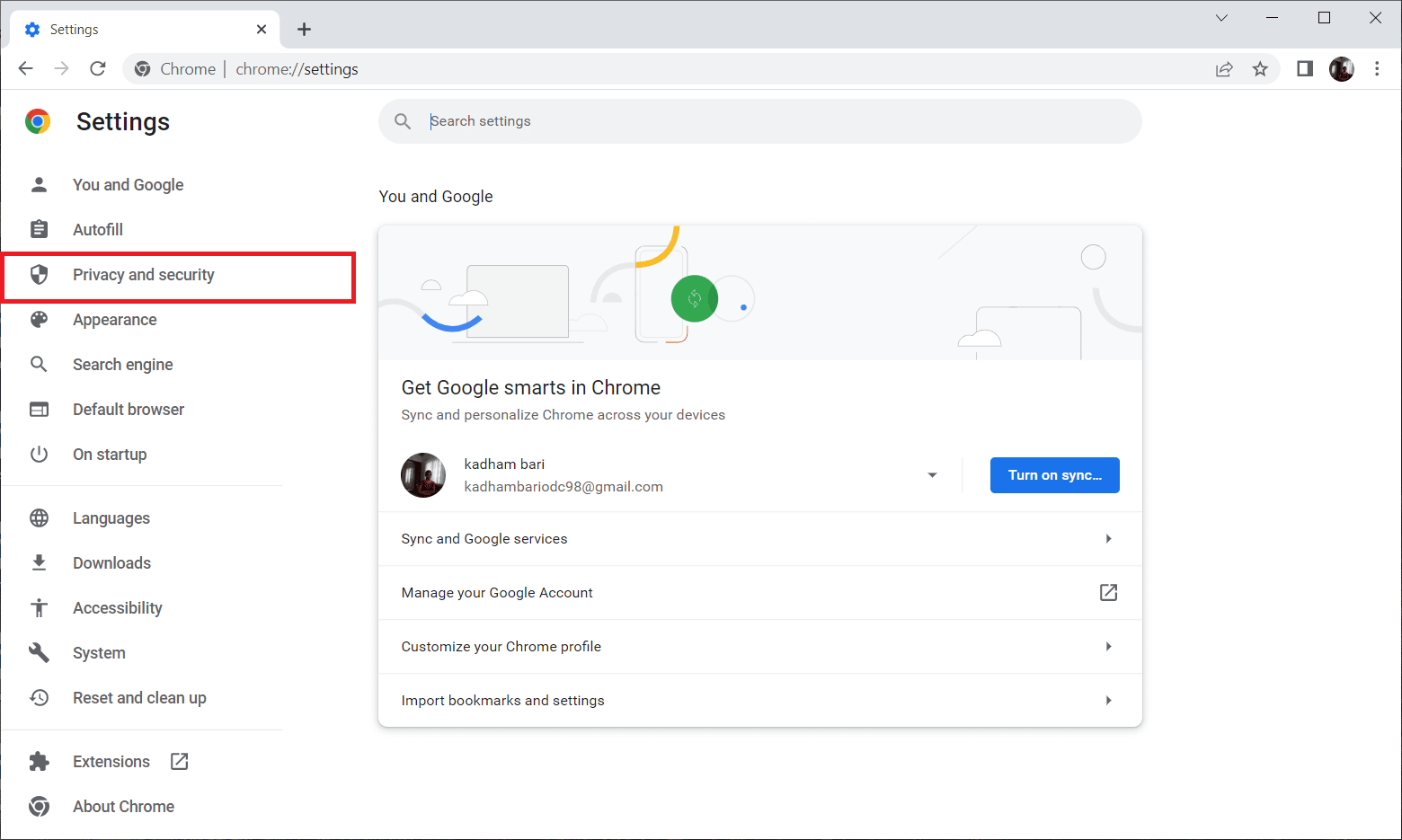 select the Privacy and Security option