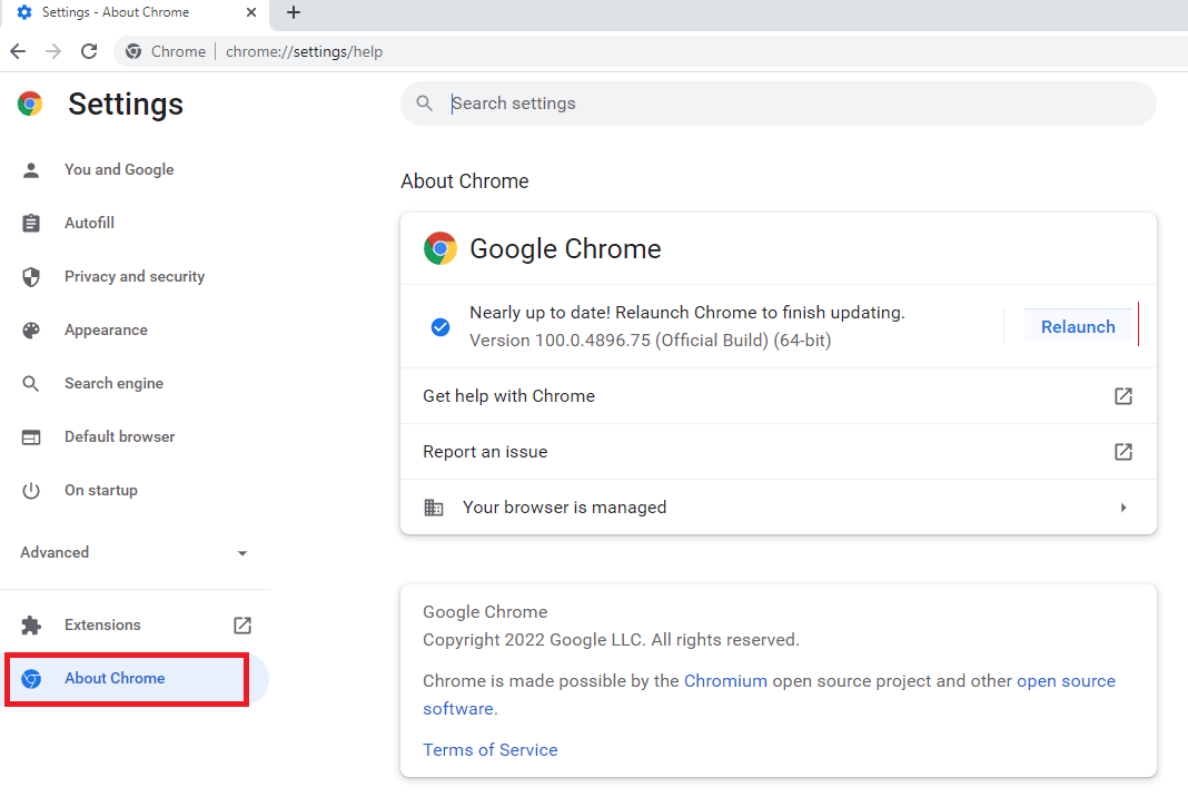 Click on the About Chrome tab under the Advanced section