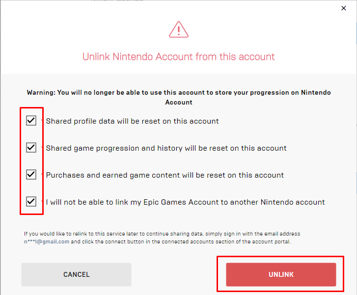 Tick all the boxes and click on UNLINK