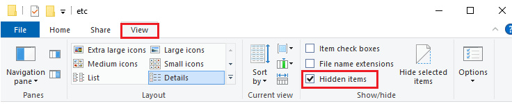 switch to the View tab and check the Hidden items box in the Show hide section