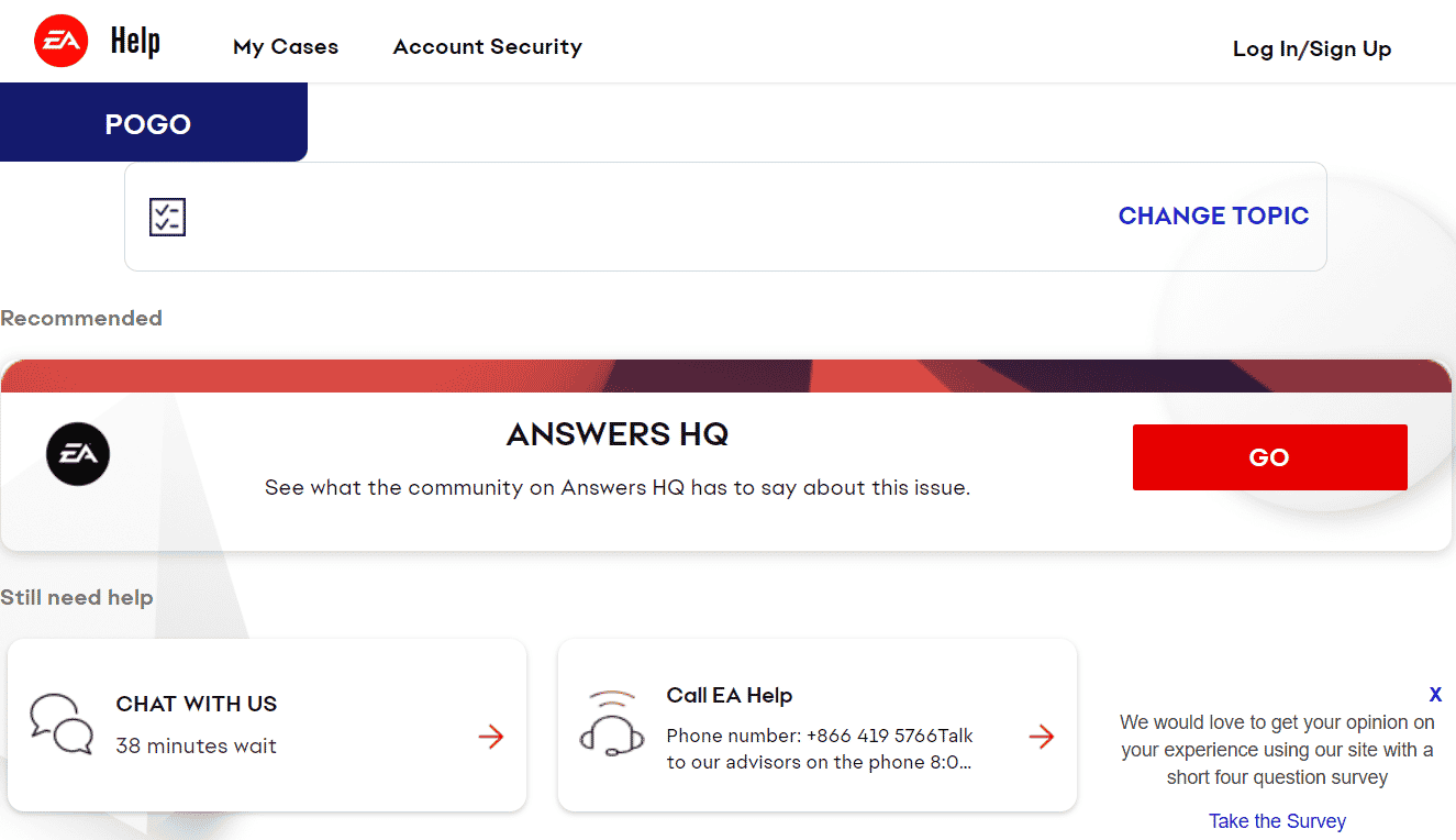 EA Help contact page