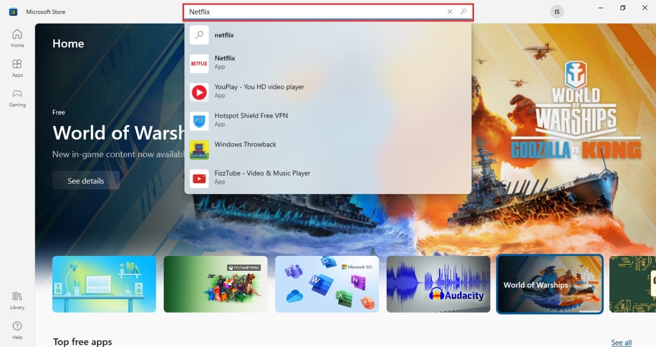 Enter Netflix in the search bar