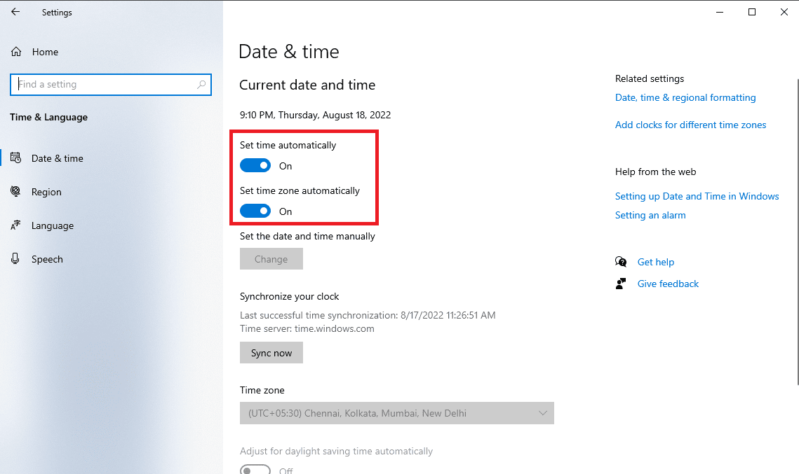 turn on the toggles for Set time automatically and Set time zone automatically