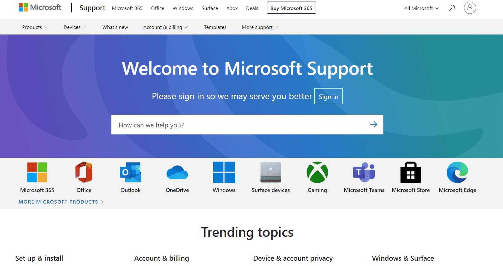 microsoft support page