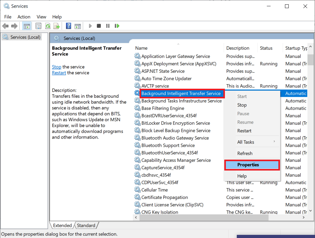 right click on the Background Intelligent Transfer Service and select Properties
