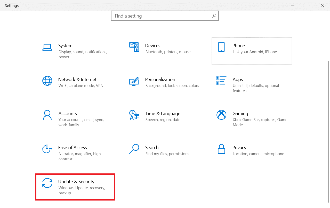 Click Update and Security setting