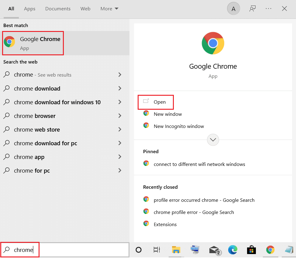 open google chrome from Windows search menu