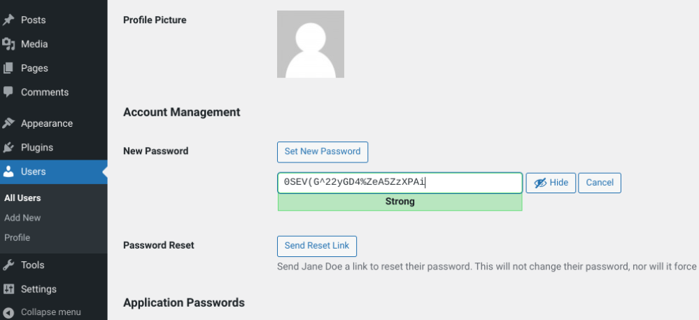 WordPress Account Management window featuring password generator feature