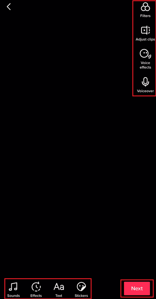 TikTok Editing screen - Edit options - Next