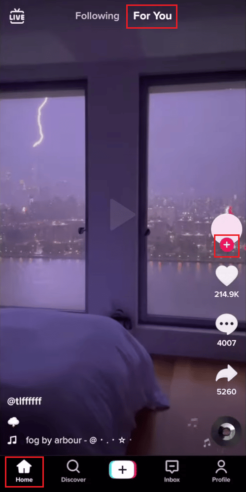 TikTok Home tab - For You feed - desired profile - + icon - Follow | 2 TikTok accounts on the same device