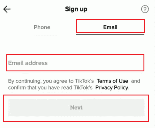 Switch to the Email tab and enter the Email address and tap on Next