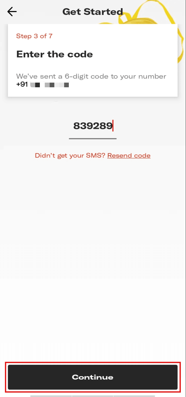 Enter the six-digit verification code and tap on Continue.