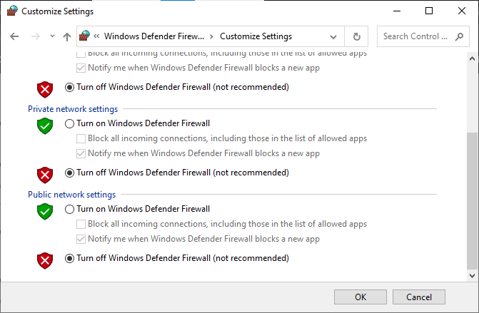 turn off Windows Defender Firewall not recommended 