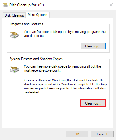 click on Clean up… button under System Restore and Shadow Copies. Fix Microsoft Error 0x80070032 in Windows 10