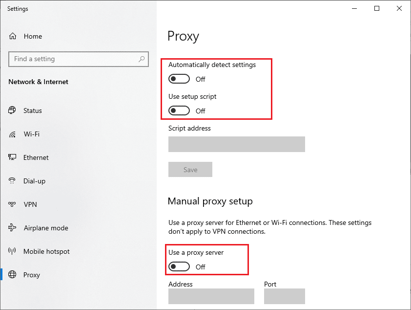 toggle OFF Proxy server. Fix Microsoft Error 0x80070032 in Windows 10