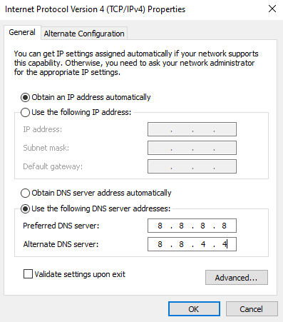 Select the icon Use the following DNS server addresses. Fix Microsoft Error 0x80070032 in Windows 10