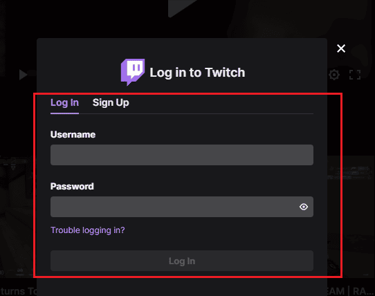 type username and password and click on Log in twitch