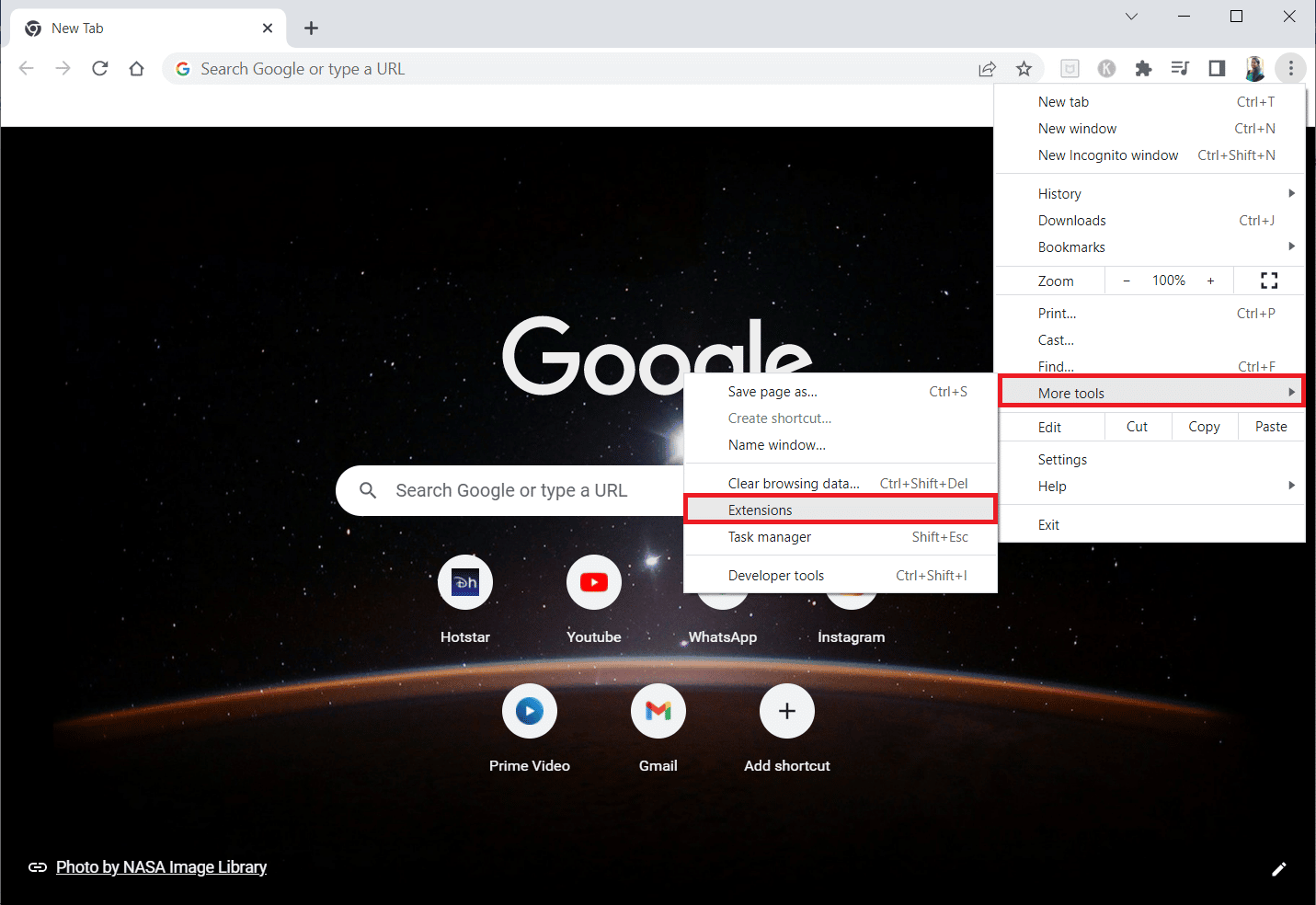 Click on More tools and then select Extensions