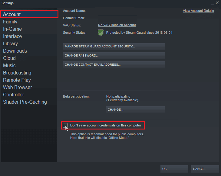 ensure the option Do not save account credentials on this computer is unchecked