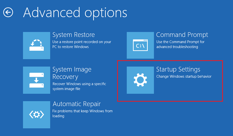 Click Startup Settings icon on the Advanced options screen