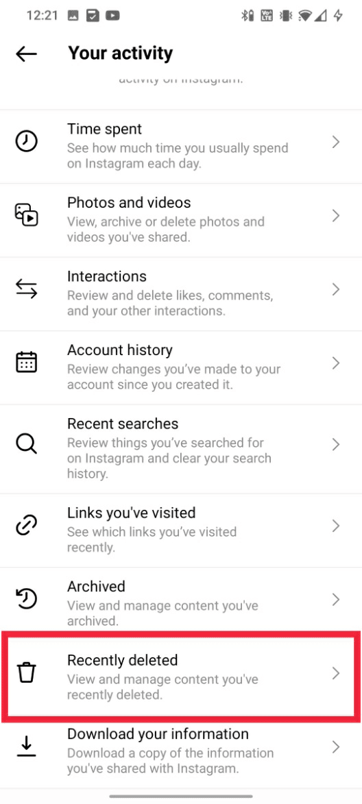 Swipe down and tap on Recently deleted | How Can You Backdate Instagram Posts