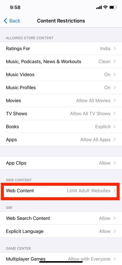 tap on web content option. How to Turn Off Incognito Mode on iPhone