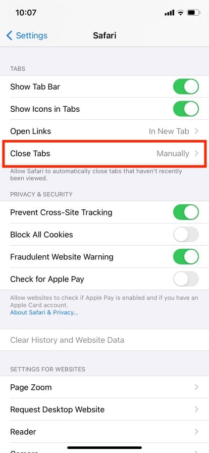 tap on close tabs