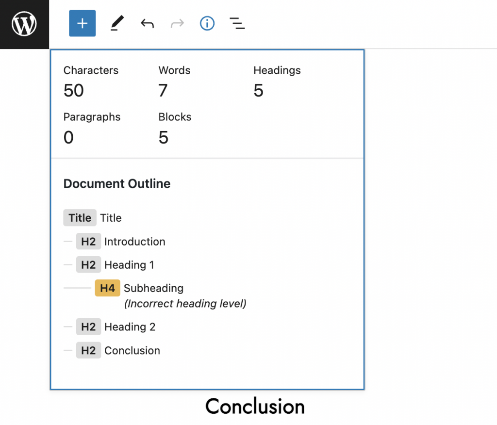 An example of an incorrect heading placement in WordPress