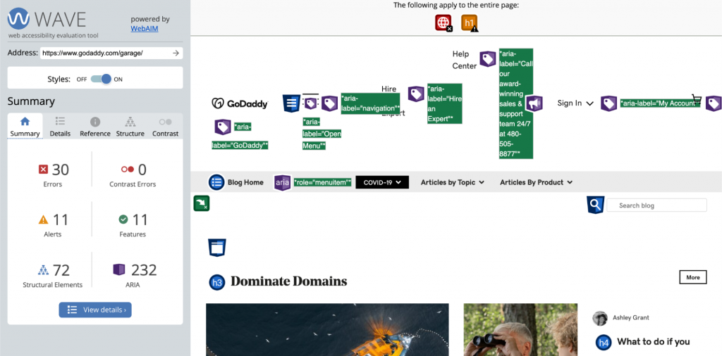 An example of testing WordPress accessibility features using the web accessibility evaluation tool