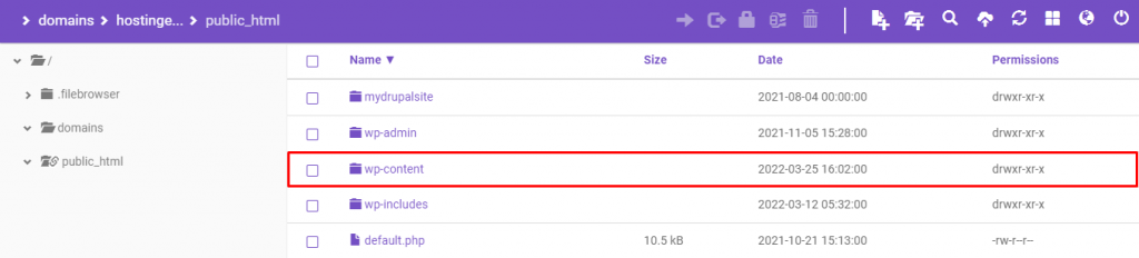 wp content in the public_html directory on the hPanel dashboard