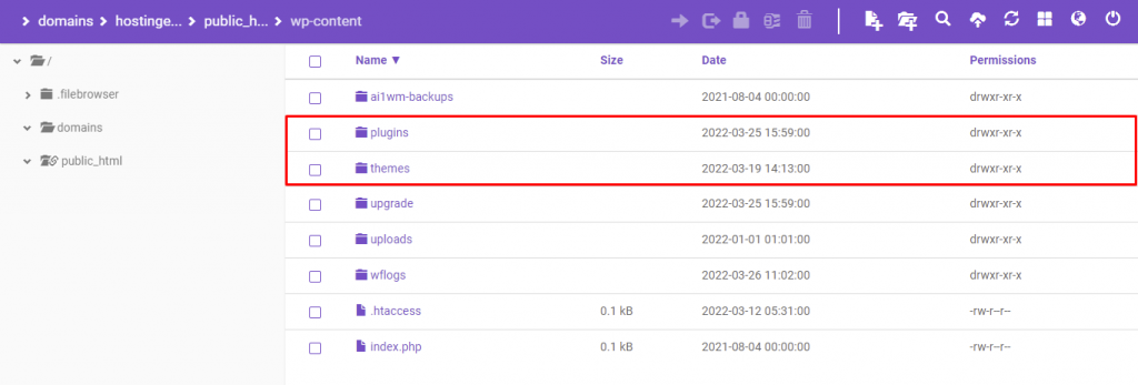 Plugins and themes folder in the public_html folder on the hPanel dashboard