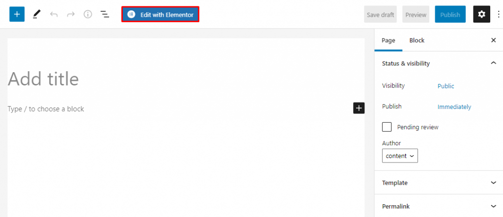 "Edit with Elementor" option on a new WordPress page.