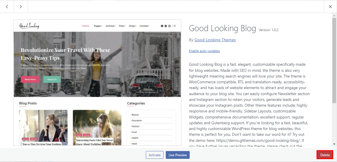 The delete button at the bottom right corner of the Theme Details window.