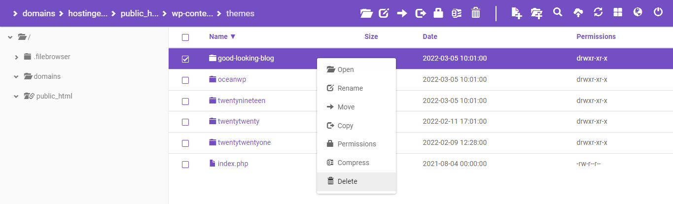 The Delete option will appear when you right-click the targeted theme folder.