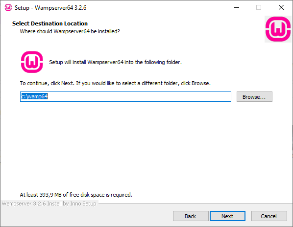 Selecting the destination location when installing WampServer.