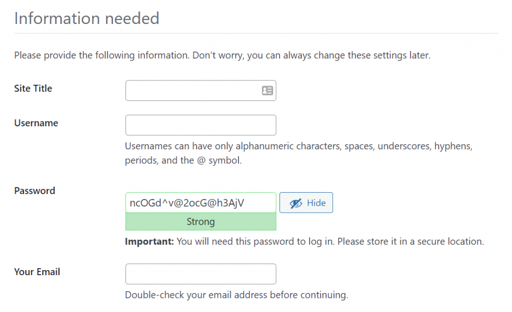 Providing the needed information to run the WordPress installation process.