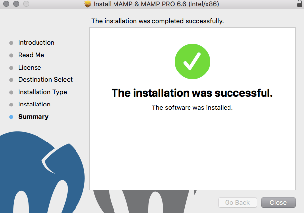 Summary: The MAMP installation was completed successfully.
