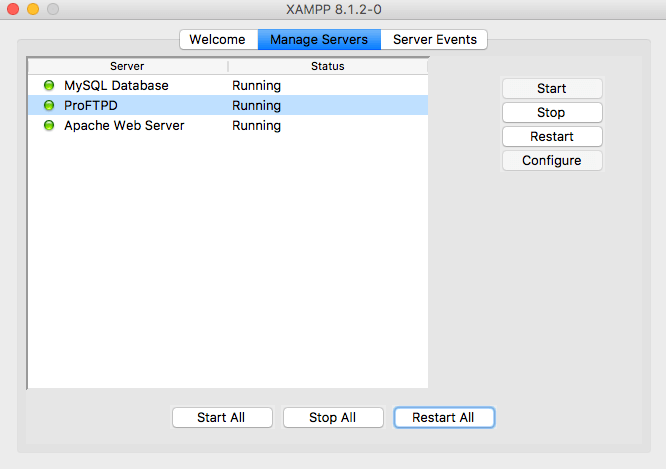 The Manage Servers tab on your XAMPP control panel showing that the status of your databases is green.