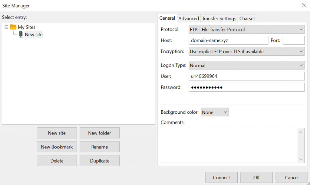 The information fields in FileZilla.