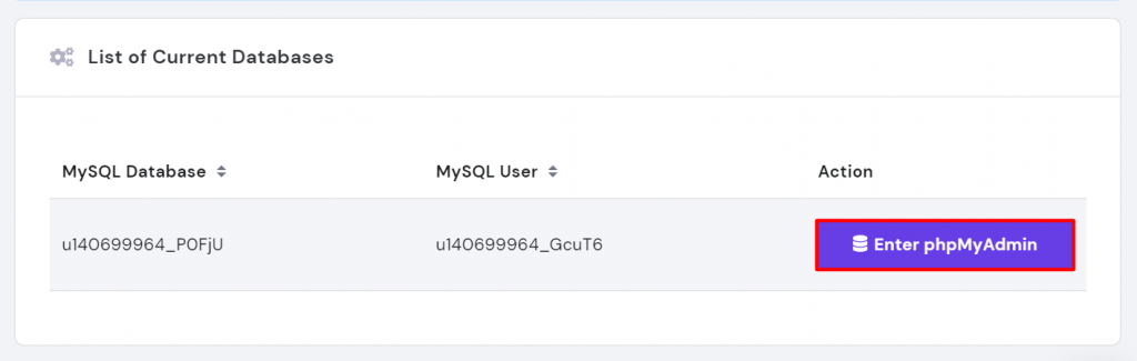 The enter phpMyAdmin button in hPanel's list current databases section. 